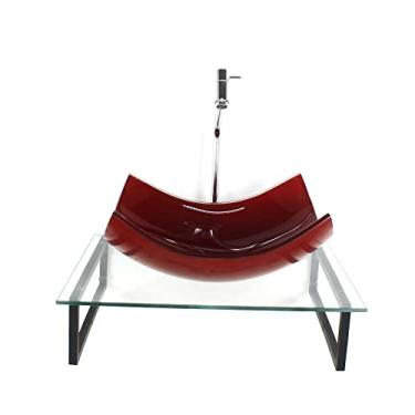 Imagem de KIT CUBA DE VIDRO RETANGULAR 10MM VERMELHO CEREJA COM TAMPO 50CM INCOLOR E SUPORTE PRETO