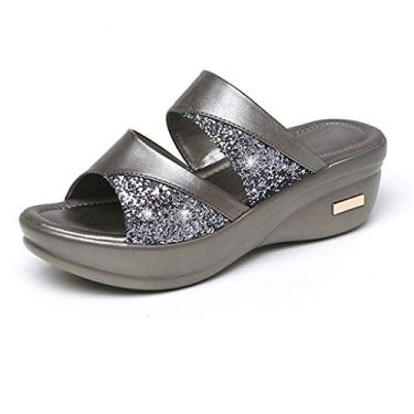 Imagem de Sandálias femininas fashion Peep Shoes casuais Toe verão plataforma sólida feminina anabela marrom, Prata, 6.5-7
