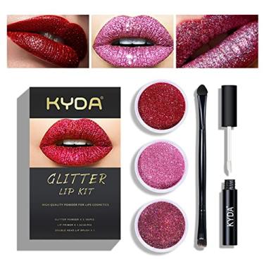 Imagem de KYDA Kit de lábios com glitter de 3 cores, pó de alto pigmento metálico de diamante para cosméticos labiais, maquiagem labial com glitter, com primer labial e pincel, conjunto de desgaste longo A