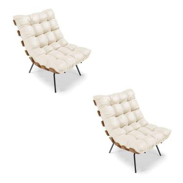 Imagem de Kit 02 Poltronas Costela Corino Base Metálica Preto Bege