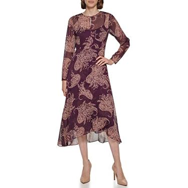 Imagem de Tommy Hilfiger Vestido midi feminino com gola de botão, berinjela/marfim, 44