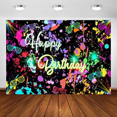 Imagem de Avezano Pano de fundo para festa de aniversário neon de 2,1 x 1,5 m que brilha no escuro Graffiti Splatter Happy Birthday Party Banner fotografia fundo Vamos brilhar dançar decoração de aniversário cabine de foto