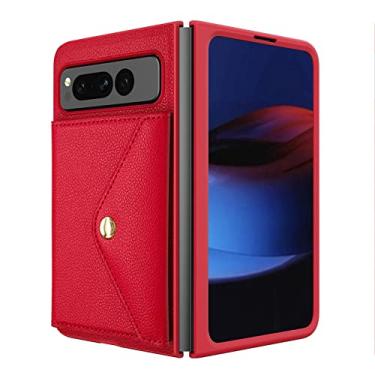 Imagem de KVIBEO Capa para Google Pixel Fold, capa carteira à prova de choque com padrão de lichia com compartimentos para cartões e capa protetora antiqueda magnética de fechamento magnético, vermelha