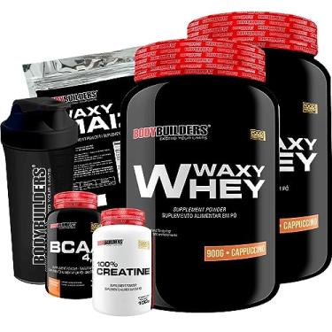 Imagem de Kit 2x Whey Protein Waxy Whey 900g + BCAA 4,5 100g + 100% Creatina 100g + Waxy Maize 800g + Coq - Bodybuilders (Morango e Cappuccino)