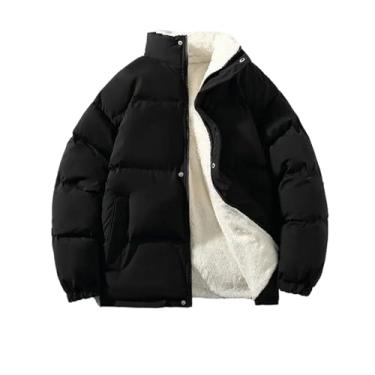 Imagem de Aoleaky Jaqueta de inverno masculina streetwear de lã parkas jaqueta solta bolha jaqueta quente gola alta casacos acolchoado roupas, Preto, G
