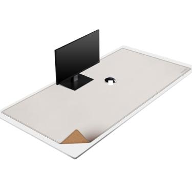 Imagem de MAIDERN Tapete de mesa de couro de 150 x 69,8 cm, tapete de mesa grande, de cortiça e couro, tapete de mouse grande para mesa, à prova d'água para computador, para jogos, escritório em casa (creme)