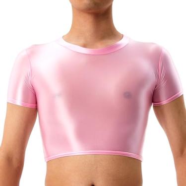 Imagem de GENEMEN Camiseta masculina brilhante de manga curta, sedosa, transparente, sexy, cropped, Rosa claro, G