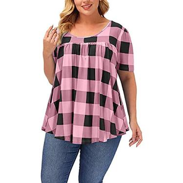 Imagem de Camisetas femininas de verão plus size clássica xadrez camisetas grandes camisetas regulares manga curta respirável, rosa, GG Plus Size