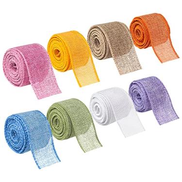 Imagem de Mlurcu Fita de serapilheira com fio 8 rolos de fita de juta natural com fio de 3,8 cm 40 metros de tecido sólido com borda com fio para artesanato de Natal, guirlanda de embrulho, decorações de festa de fim de ano (cor clara)