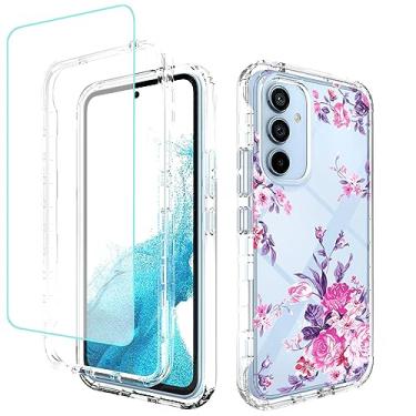 Imagem de Sidande Capa para Galaxy A54 5G, Samsung A54 5G SM-A546U com protetor de tela de vidro temperado, capa protetora fina de TPU floral transparente para celular para Samsung Galaxy A54 5G (flor rosa)