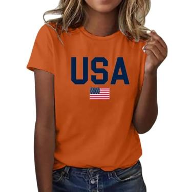 Imagem de Camiseta feminina do Dia da Independência 4 de julho, blusas estampadas com bandeira dos EUA, manga curta, gola redonda, túnica, Laranja, XXG