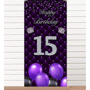 Imagem de Feliz aniversário de 15 anos pano de fundo roxo para cabine de fotos adereços balões tema coroa prata decoração para meninas aniversário de quinze anos 15 anos de idade lembrancinhas de festa de