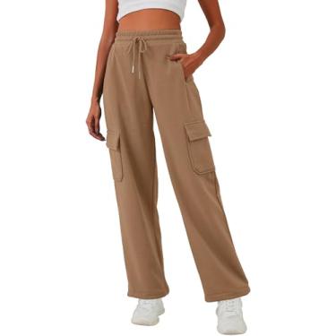 Imagem de ELLEVEN Calça de moletom feminina de cintura alta, calça jogger larga de algodão com bolsos, Marrom, P