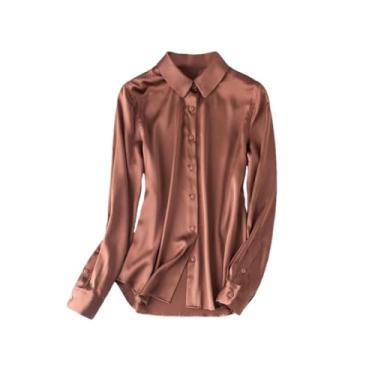 Imagem de Camisa social feminina lisa gola virada para baixo blusa chique primavera outono, Chocolate, M
