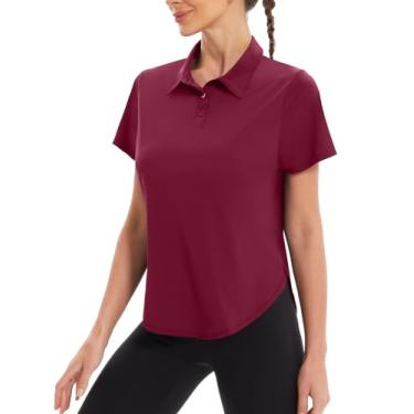 Imagem de addigi Camisa polo feminina de golfe FPS 50+, proteção solar, 3 botões, manga curta, secagem rápida, atlética, tênis, golfe, Vinho tinto, XXG