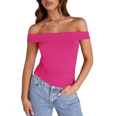 Imagem de LUYAA Camiseta feminina com ombros de fora e manga curta, caimento justo, franzida, roupas modernas Y2K, Rosa - rosa, M