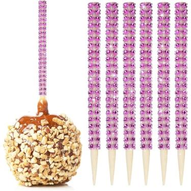 Imagem de 32 unidades de bastões de bambu de maçã brilhante, espetos pontiagudos de madeira caramelo maçã com strass em malha de diamante, barra decorativa de frutas para mesa de sobremesas, chá festa de aniversário, bufê de casamento