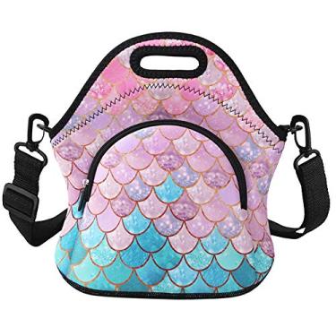 Imagem de Violet Mist Lancheira feminina isolada de neoprene fofa bolsa de almoço com isolamento de unicórnio, sereia de desenho animado rosa, bolsas de comida grande com bolso extra destacável ajustável lancheira de ombro para mulheres senhoras