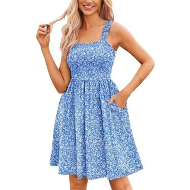 Imagem de Vestido feminino fashion casual verão decote quadrado alça floral vestidos vintage para mulheres, Azul, M