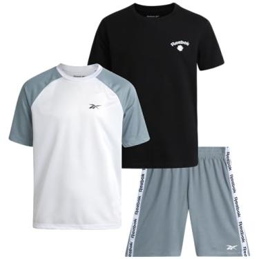 Imagem de Reebok Conjunto de shorts ativos para meninos - Camiseta de manga curta de desempenho de 3 peças e shorts de basquete de malha - Conjunto esportivo (8-12), Preto, 12