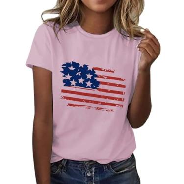 Imagem de Camiseta feminina moderna casual com bandeira do Dia da Independência estampada gola redonda manga curta camiseta xadrez para mulheres, rosa, G