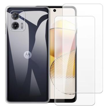 Imagem de Capa compatível com Motorola Moto G73 5G + [2 unidades] Película de vidro temperado - Silicone TPU flexível macio para Motorola Moto G73 5G (6,5 polegadas) (transparente)