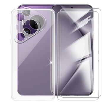Imagem de AQGGIIXY Capa de telefone para Huawei Pura 70 Pro (6,8 polegadas), com 2 protetores de tela de vidro temperado, ultrafina, transparente, macia, amortecedora, antiarranhões, à prova de choque para