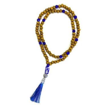 Imagem de Japamala Ogum 108 Contas 45 Cm Em Madeira 8 Mm Pompom Azul - Lua Místi