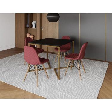 Imagem de Mesa Jantar Industrial Base V Dourado 90cm Quadrada Preta C/ 4 Cadeira