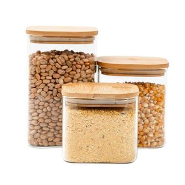 Imagem de Kit 3 potes de vidro tampa de bambu herméticos quadrados - Tüd - TUD, 