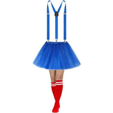 Imagem de Sintege 3 peças de fantasia de tutu feminina, saia tutu de tule de 5 camadas e alças elásticas ajustáveis nas costas meias listradas, Azul royal, vermelho, waist: 20-42 inches;length is about 15.7