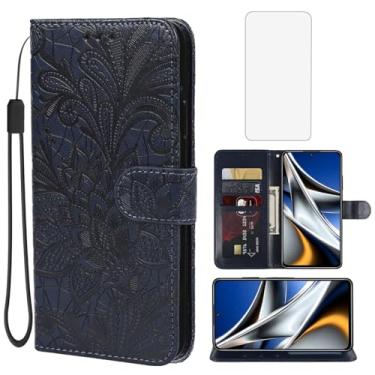 Imagem de Gufuwo Capa para Poco X4 Pro 5G, capa carteira 2201116PG com protetor de tela de vidro temperado, flor de renda, couro PU, flip com suporte para cartão de crédito, capa para celular para Xiaomi Poco