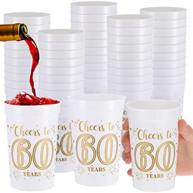 Imagem de Lallisa 40 copos de aniversário de 60 anos, 473 ml, copos de plástico para estádio de festa de 60 anos, lembrancinhas de festa de aniversário de 60 anos, lembrancinhas de festa de aniversário de 60 anos para brinde a 60 anos, dourado e branco