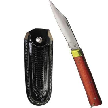 Imagem de Canivete Original Trevo Churrasqueiro Extra Grande 26cm Aço Inox Cabo Madeira Pau Brasil + Bainha em Couro Legítimo