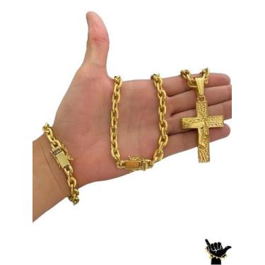 Imagem de Corrente Cadeado 10mm + Pulseira + Pingente - Banhado a Ouro - ToJoia1
