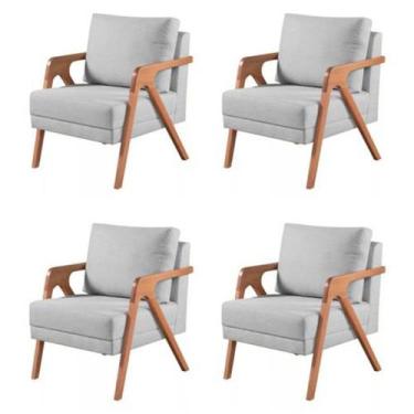 Imagem de Kit 4 Poltronas Mona Madeira Maciça Linho Cinza Kimi Design