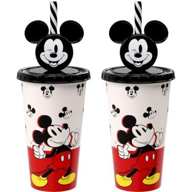 Imagem de 2 Copos Mickey Canudo de Orelhas Suco Refrigerante Original - Plasútil