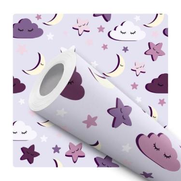 Imagem de Papel De Parede Vinílico Céu Roxo Infantil Estrela Lua Nuvem Quarto 12
