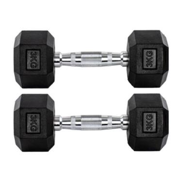 Imagem de Par Halteres 3kg + 3kg Dumbbell Sextavado Emborrachado Pegada Cromada 