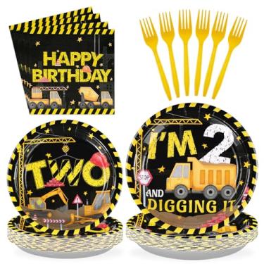Imagem de 96Pcs Construction 2nd Birthday Party Supplies Construction Truck Plates Napkins Forks Tableware Sets Excavator 2nd Birthday Decorations Favors for Boys Tractor Dump Two Years Old Birthday, Serves 24