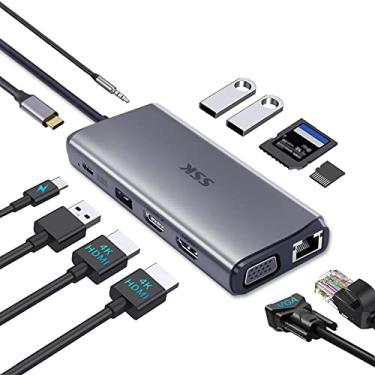 Imagem de SSK Estação de ancoragem USB C para laptop, monitor duplo, HDMI 4K/60Hz, adaptador multiportas 11 em 1, hub USB C, Thunderbolt Dock Display triplo com 2 HDMI + VGA, Ethernet RJ45, 100W PD, 3 USB para