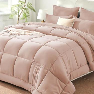 Imagem de Sunstyle Home Conjunto de edredom rosa casal/queen – 7 peças de cama em uma bolsa, leve conjunto de cama alternativo de plumas de ganso com edredom costurado para todas as estações, 1 lençol de cima,