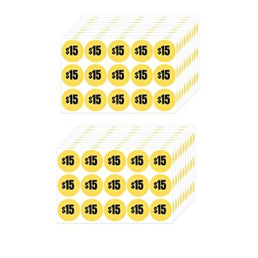 Imagem de Mobiusea Creation 300 pçs adesivos de preço de $15 | Etiquetas de preço de 15 dólares | Cor amarela brilhante com texto preto | 2,5 cm de diâmetro | Etiquetas de preço pré-impressas | Adesivos de
