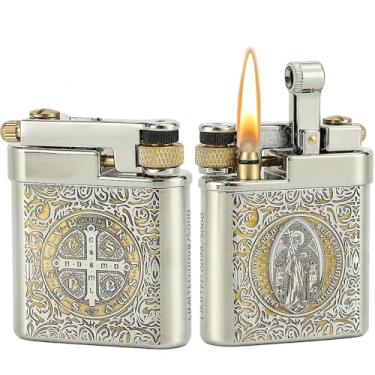 Imagem de DOUBFIVSY Isqueiro vintage, querosene recarregável, isqueiro mecânico de latão, chama macia, presente exclusivo para homens, pai, marido (Constantine)