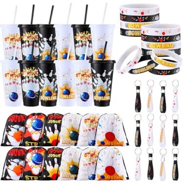 Imagem de RimCereal 48 peças de lembrancinhas de festa de boliche incluem copo de plástico de 680 g saco de cordão pulseiras de silicone para boliche tema boliche chaveiros de silicone para presentes esportes