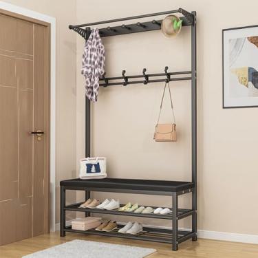 Imagem de Cabideiro, banco de sapato, organizador de armazenamento 3 em 1, árvore de entrada 3 em 1, organizador de suporte industrial com banco de sapatos com prateleira destacável árvore de revestimento fácil