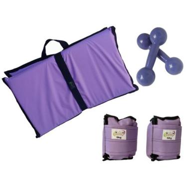 Imagem de Kit Tornozeleira 6KG Nylon Lilás + Halteres 6KG Lilás + Colchonete Dob