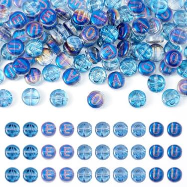 Imagem de FASHEWELRY 100 peças de contas coloridas de vogal de vidro 10 x 4,5 mm contas de alfabeto galvanizadas AEIOU contas de letra inicial para pulseira da amizade, colar, fabricação de joias (azul