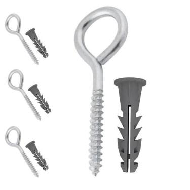 Imagem de Kit 4 Parafuso Gancho Pitão Com Bucha 8mm Aço Para Parede Tela Rede de