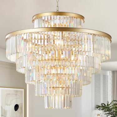 Imagem de CATINER Grandes Lustres De Cristal Dourado De 36" 23 Luzes Lustre De Luxo Moderno Para Hall De Entrada Lustres De Escada 6 Camadas Redondo K9 Luminária Pendente De Teto Para Sala De Estar Sala De Ja